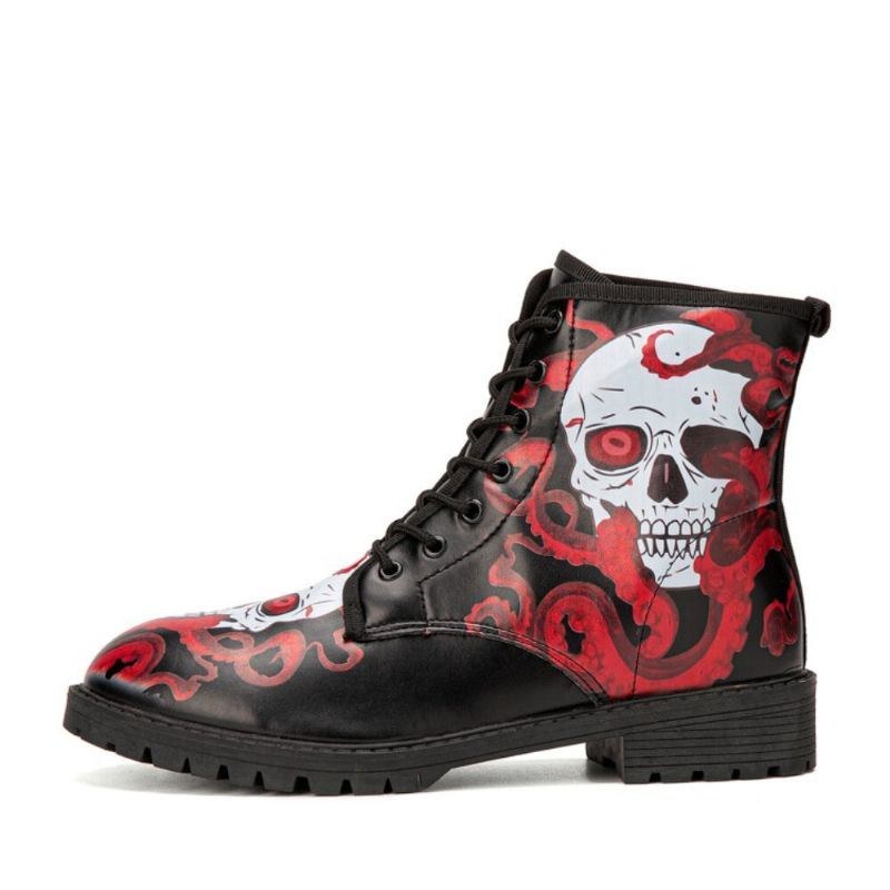 Herr Läder Halloween Mjuk Sula Rund Tå Plattform Skull Printing Bekväma Casual Boots