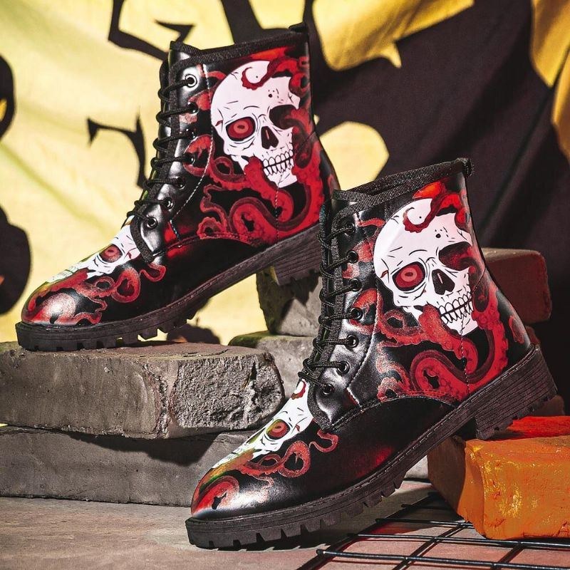 Herr Läder Halloween Mjuk Sula Rund Tå Plattform Skull Printing Bekväma Casual Boots