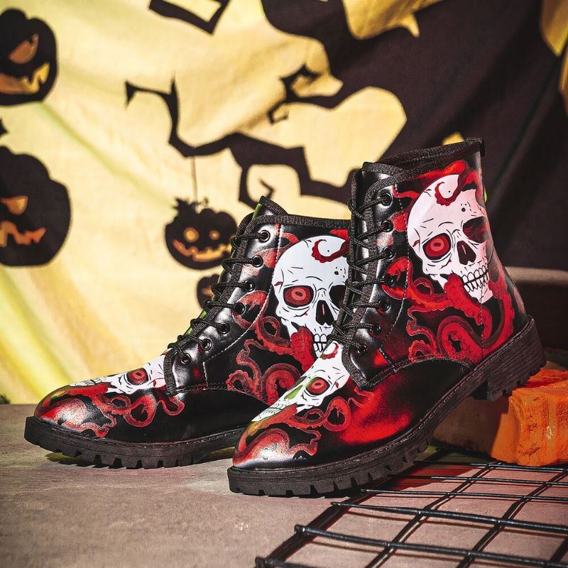 Herr Läder Halloween Mjuk Sula Rund Tå Plattform Skull Printing Bekväma Casual Boots