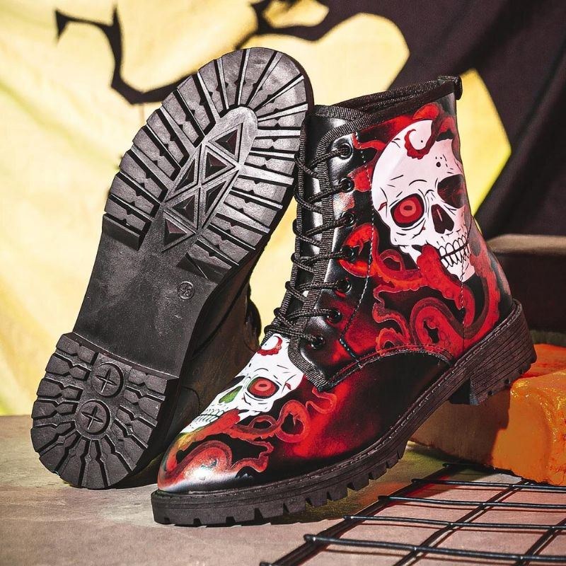 Herr Läder Halloween Mjuk Sula Rund Tå Plattform Skull Printing Bekväma Casual Boots