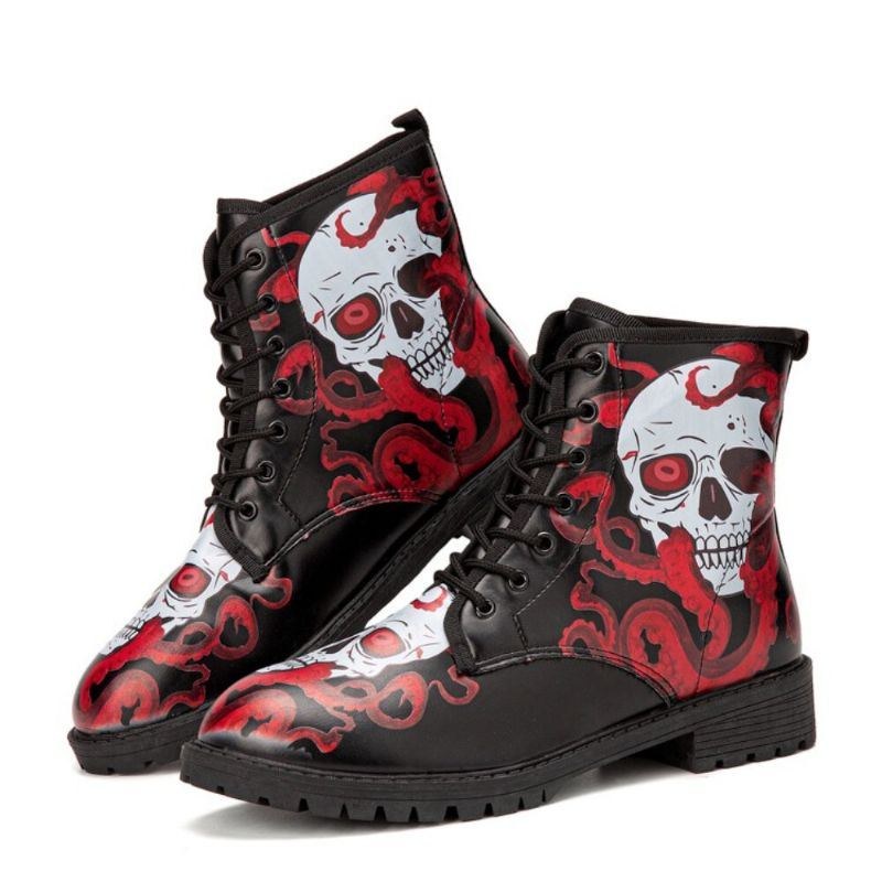 Herr Läder Halloween Mjuk Sula Rund Tå Plattform Skull Printing Bekväma Casual Boots