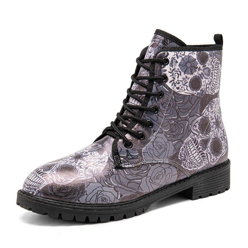 Herr Läder Halloween Retro Blommigt Skallemönster Tjocksulor Snörning Mjuk Bekväm Casual Martin Boots