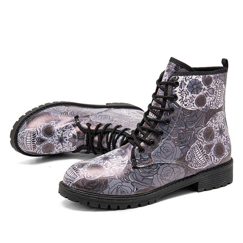 Herr Läder Halloween Retro Blommigt Skallemönster Tjocksulor Snörning Mjuk Bekväm Casual Martin Boots