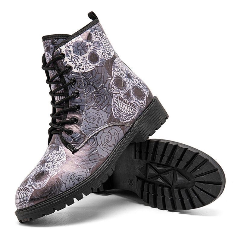 Herr Läder Halloween Retro Blommigt Skallemönster Tjocksulor Snörning Mjuk Bekväm Casual Martin Boots