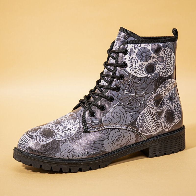 Herr Läder Halloween Retro Blommigt Skallemönster Tjocksulor Snörning Mjuk Bekväm Casual Martin Boots