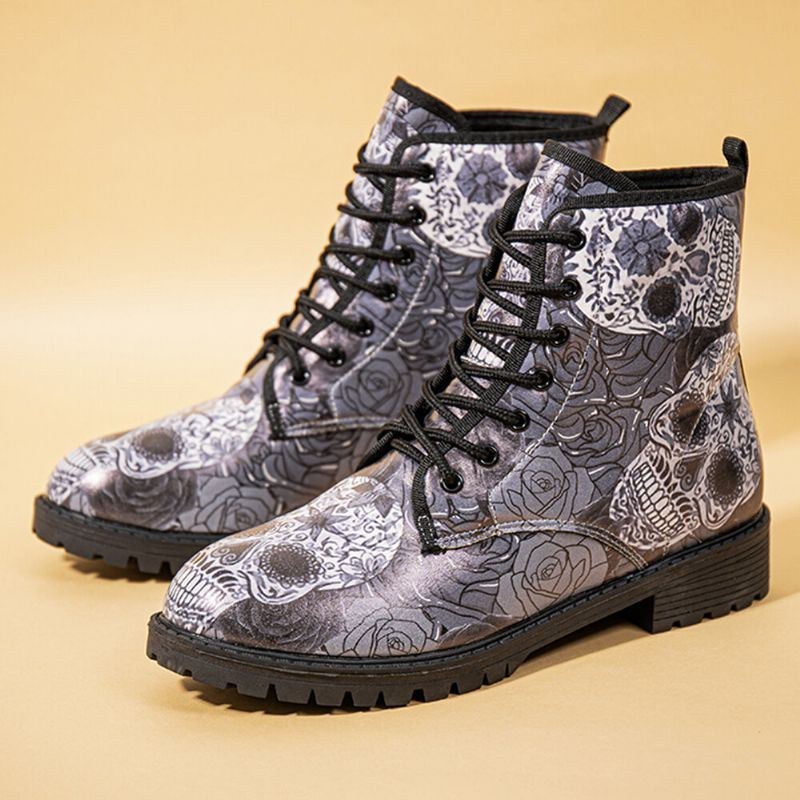 Herr Läder Halloween Retro Blommigt Skallemönster Tjocksulor Snörning Mjuk Bekväm Casual Martin Boots