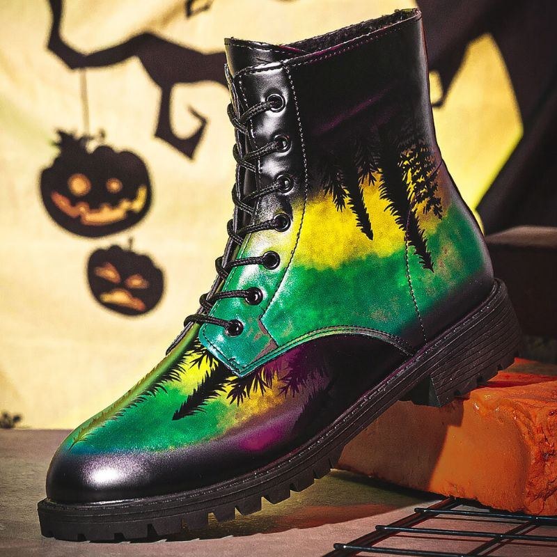 Herr Läder Halloween Utskrift Mjuk Sula Rund Tå Bekväma Färgglada Casual Martin Boots