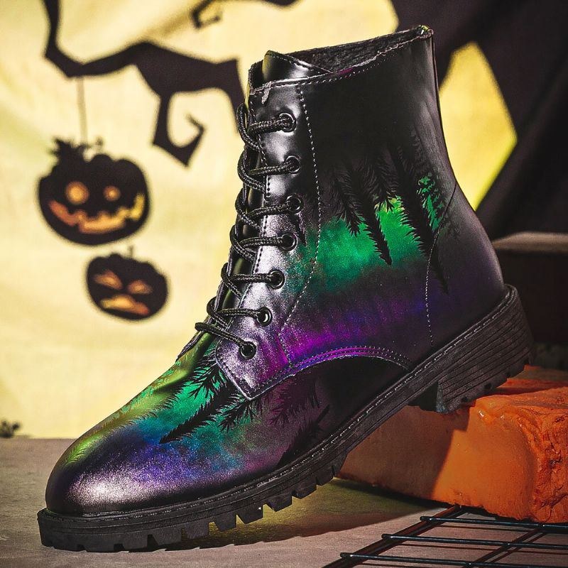 Herr Läder Halloween Utskrift Mjuk Sula Rund Tå Bekväma Färgglada Casual Martin Boots