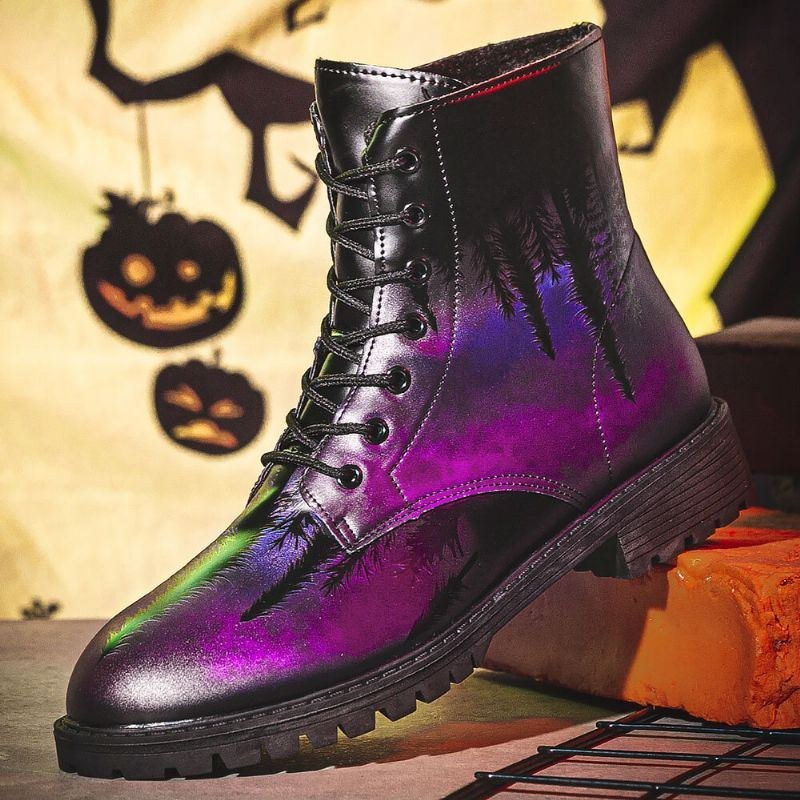 Herr Läder Halloween Utskrift Mjuk Sula Rund Tå Bekväma Färgglada Casual Martin Boots