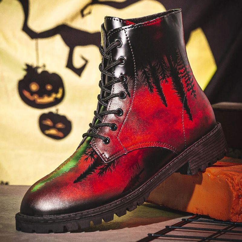 Herr Läder Halloween Utskrift Mjuk Sula Rund Tå Bekväma Färgglada Casual Martin Boots