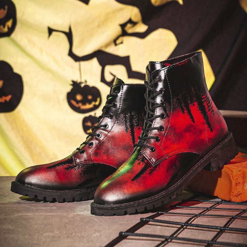 Herr Läder Halloween Utskrift Mjuk Sula Rund Tå Bekväma Färgglada Casual Martin Boots