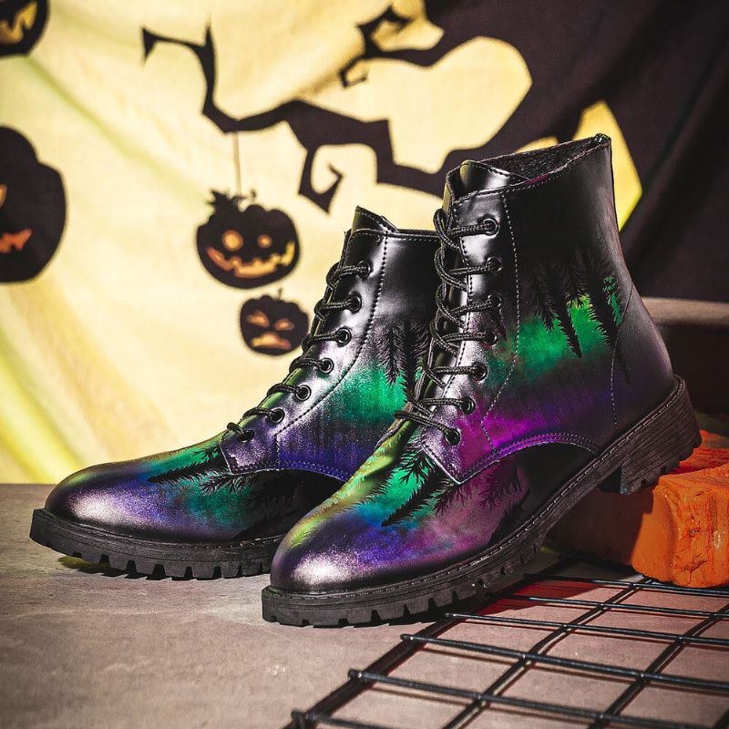 Herr Läder Halloween Utskrift Mjuk Sula Rund Tå Bekväma Färgglada Casual Martin Boots