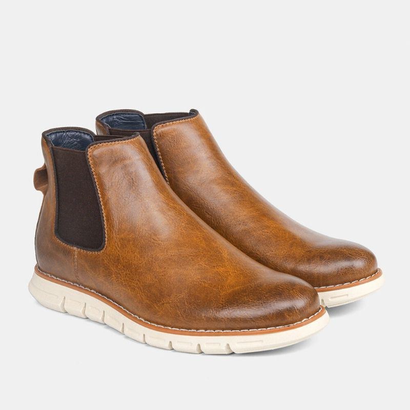 Herr Läder Mjuk Sula Rund Tå Slip On Trendiga Chelsea Casual Boots