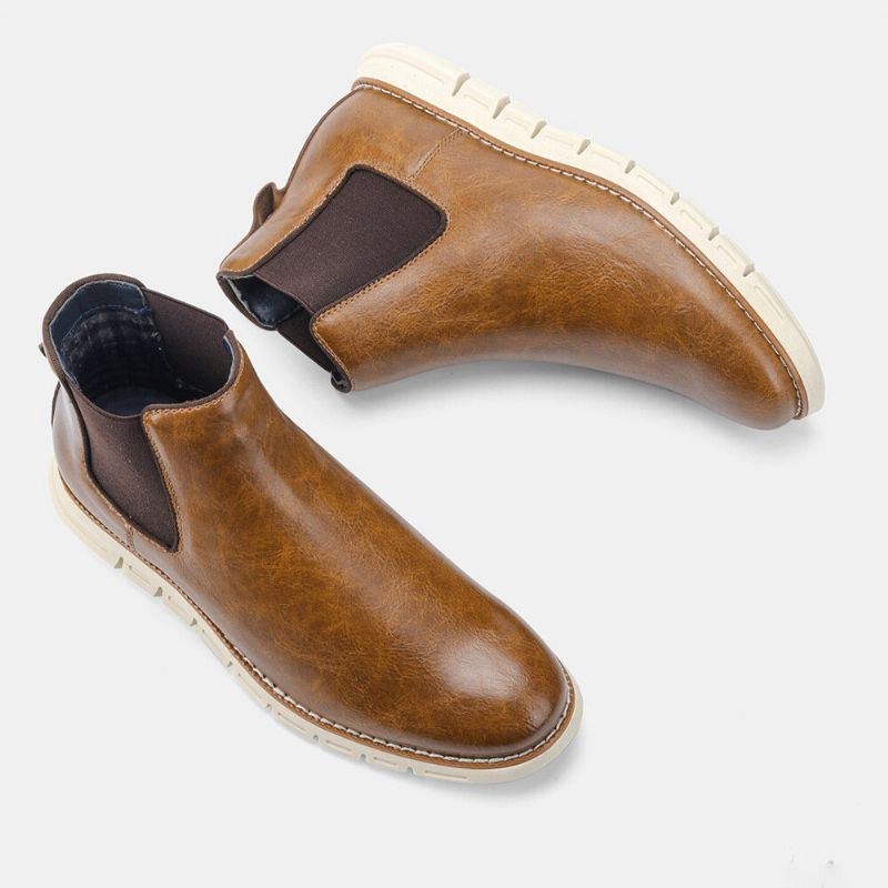 Herr Läder Mjuk Sula Rund Tå Slip On Trendiga Chelsea Casual Boots