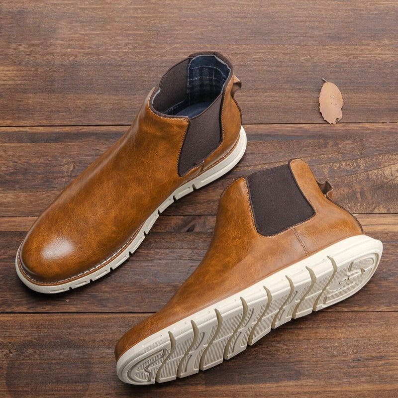 Herr Läder Mjuk Sula Rund Tå Slip On Trendiga Chelsea Casual Boots