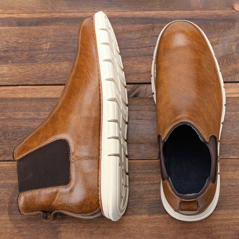 Herr Läder Mjuk Sula Rund Tå Slip On Trendiga Chelsea Casual Boots