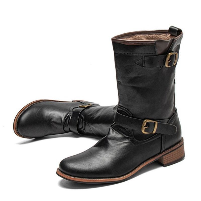 Herr Läder Retro Rund Toe Halkfri Comfy Slip On Solid Casual Martin Boots