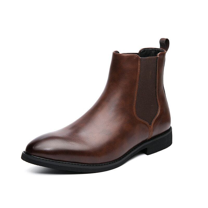 Herr Läder Spetsad Tå Mjuk Sula Trendiga Slip On Casual Chelsea Boots