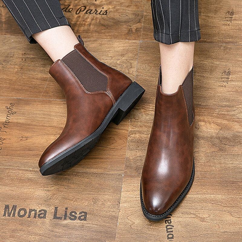 Herr Läder Spetsad Tå Mjuk Sula Trendiga Slip On Casual Chelsea Boots