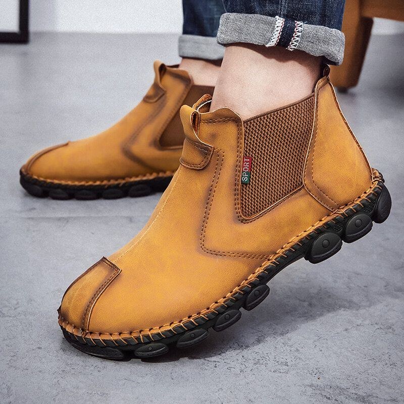 Herr Microfiber Läder Bekväm Mjuk Sula Elastisk Slip On Handstickning Chelsea Boots