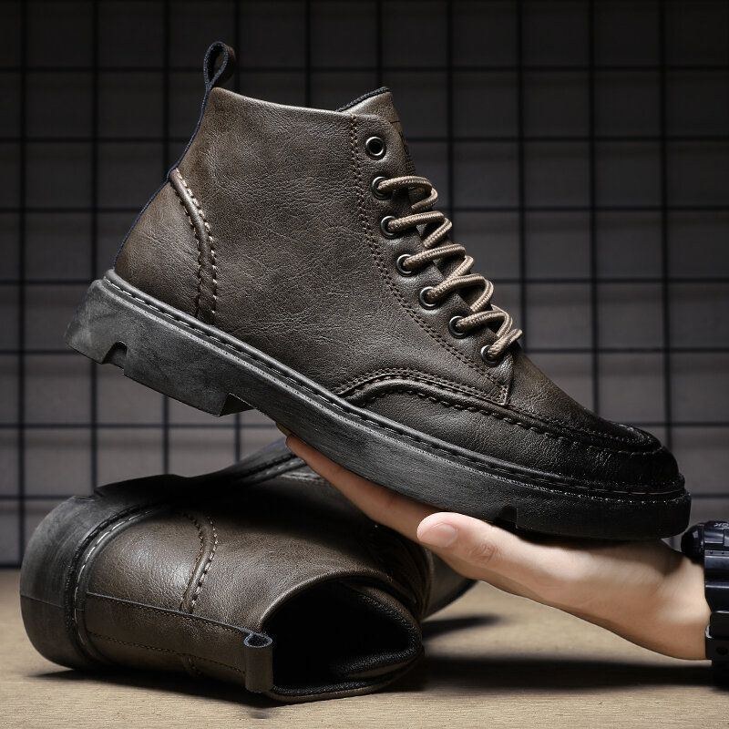 Herr Pure Color Halkfri High-top Lace Up Casual Tooling Boots