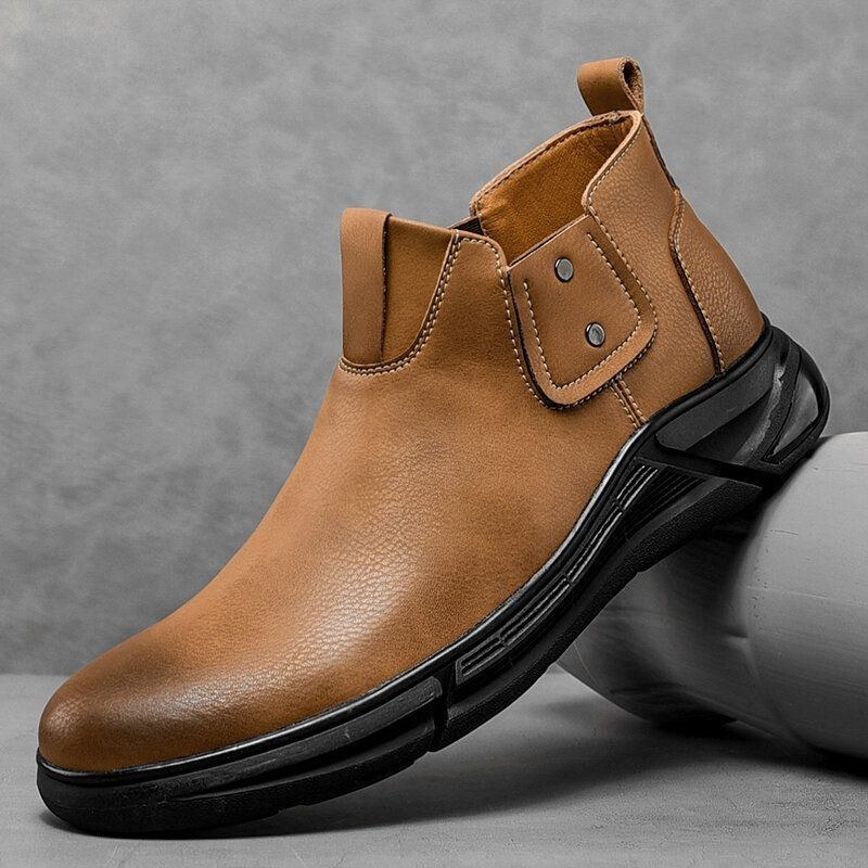 Herr Retro Kohud Läder Halkfri Mjuk Sula Elastiska Slip On Chelsea Boots