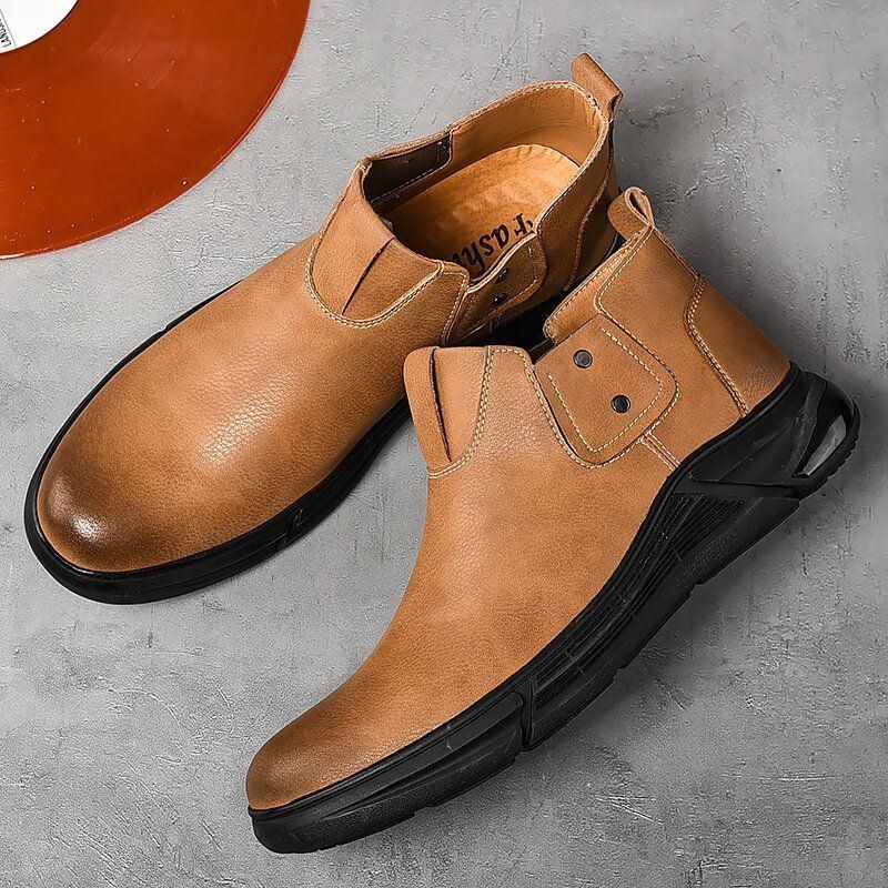 Herr Retro Kohud Läder Halkfri Mjuk Sula Elastiska Slip On Chelsea Boots