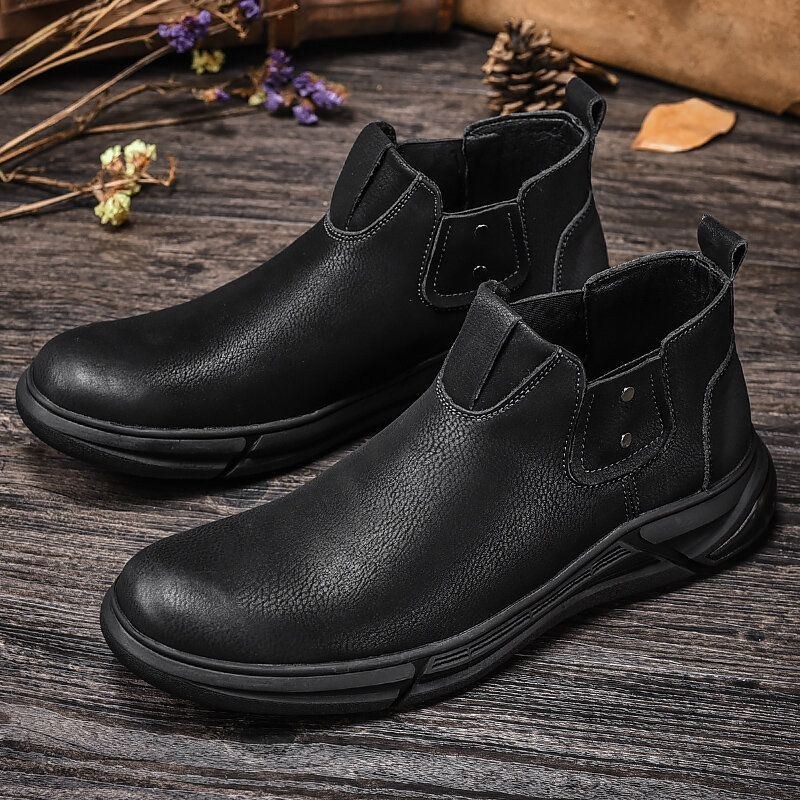 Herr Retro Kohud Läder Halkfri Mjuk Sula Elastiska Slip On Chelsea Boots