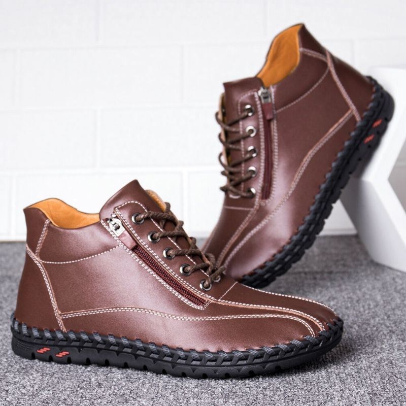 Herr Rund Tå Handsömmar Läder Mjuka Business Casual Boots