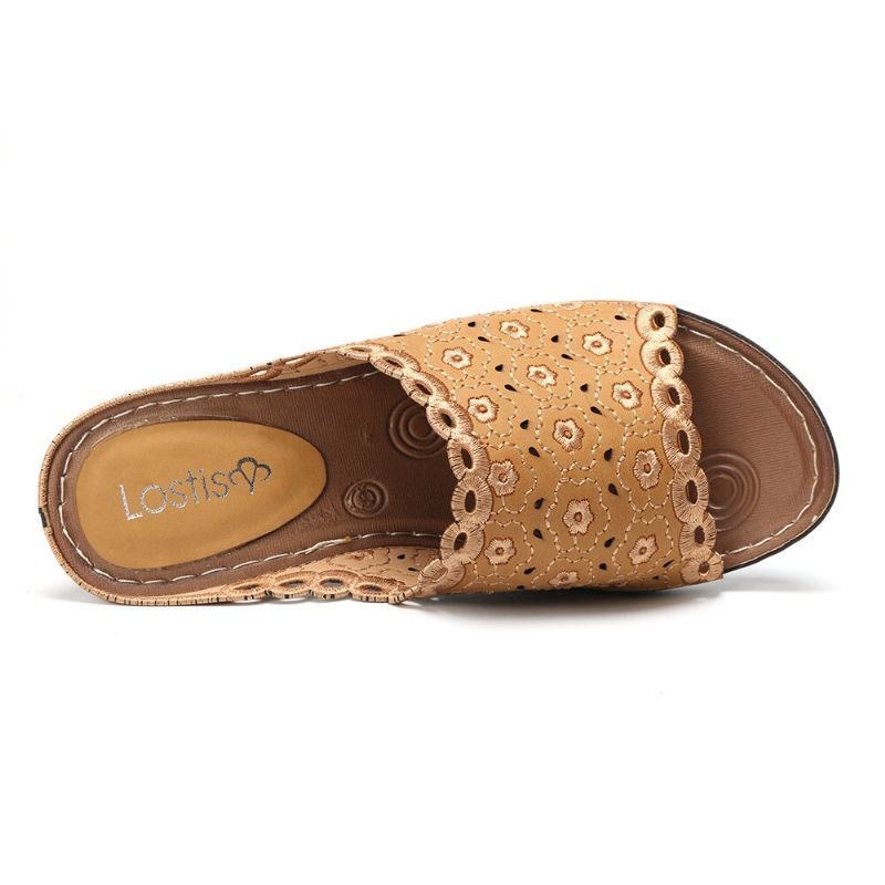 Blommor Broderade Chunky Häl Peep Toe Sandaler För Kvinnor