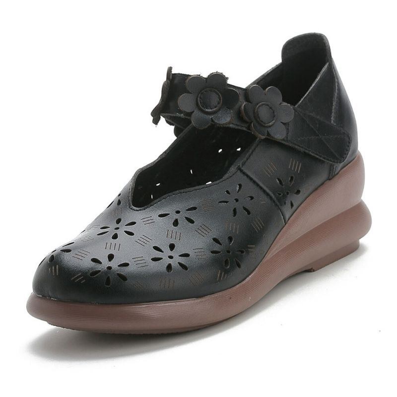 Dam Casual Retro Blommor Utsmyckad Mjuk Bekväm Andas Ihåligt Läder Mary Jane Wedges Skor