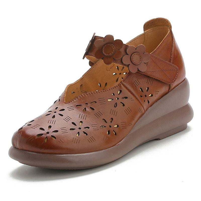 Dam Casual Retro Blommor Utsmyckad Mjuk Bekväm Andas Ihåligt Läder Mary Jane Wedges Skor