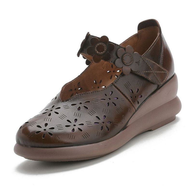 Dam Casual Retro Blommor Utsmyckad Mjuk Bekväm Andas Ihåligt Läder Mary Jane Wedges Skor