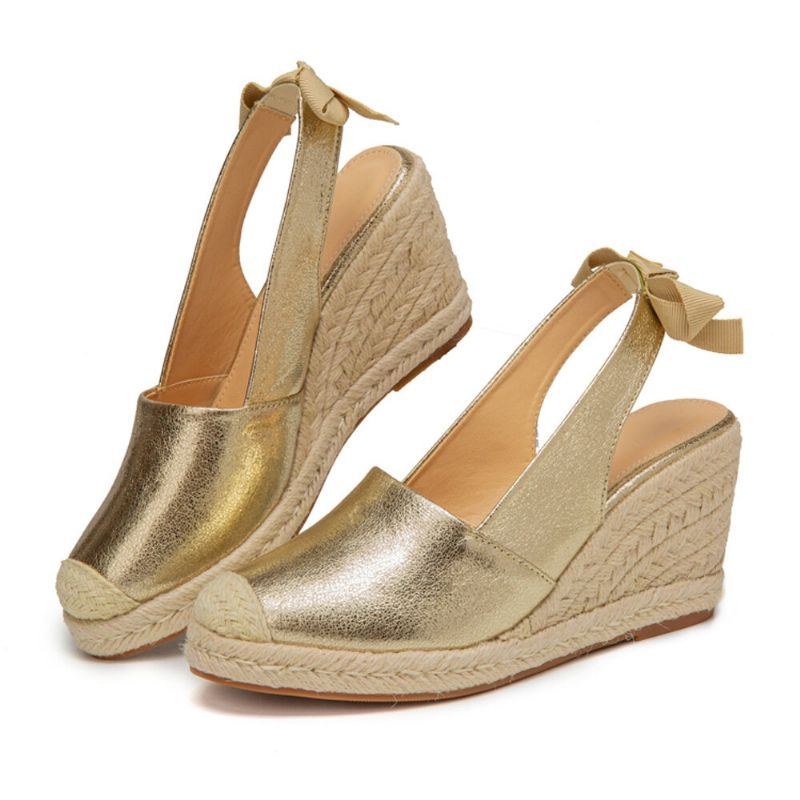 Stor Storlek Dam Metallic Closed Toe Espadrilles Slingback Wedeges Sandaler