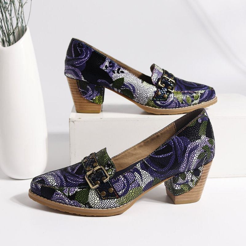 Dam Äkta Läder Blomrosa Mönster Bekväm Elegant Casual Dress Pumps