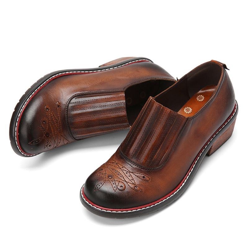 Dam Äkta Läder Retro Comfy Elastisk Slip-on Rund Tå Lågklack Loafers Skor