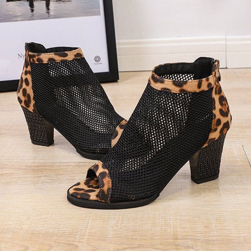 Dam Casual Mesh Andas Chunky Heel Hollow Out Peep-toe Pumps Skor