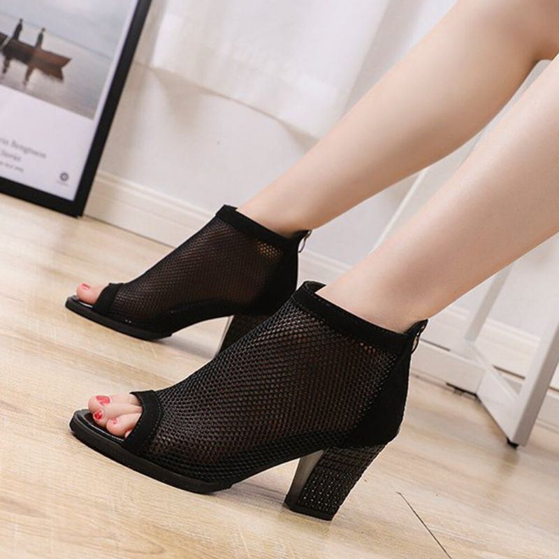 Dam Casual Mesh Andas Chunky Heel Hollow Out Peep-toe Pumps Skor