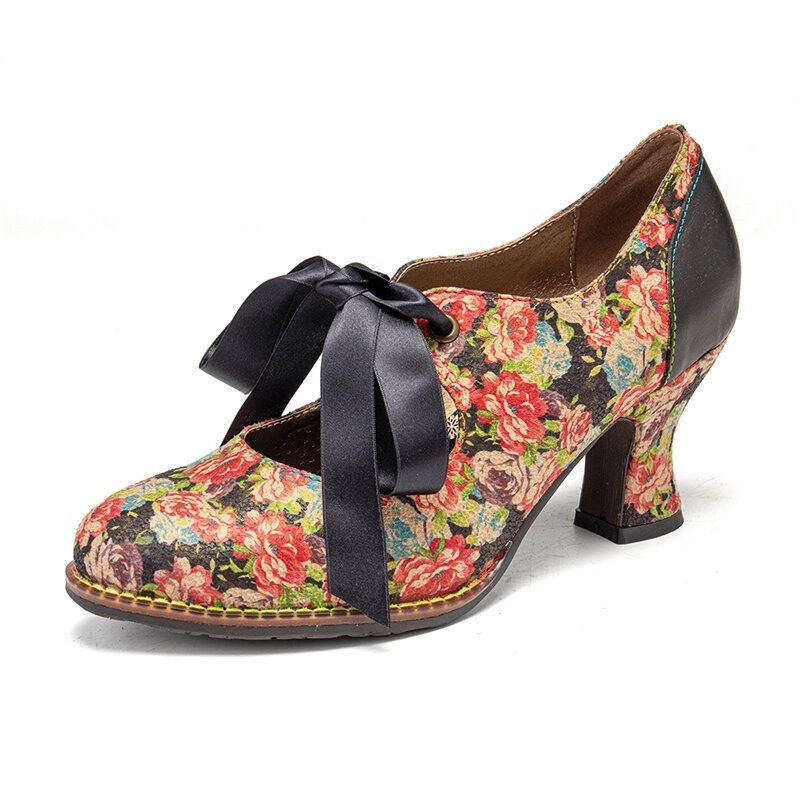 Dam Elegant Graciösa Små Blommor Tryckta Bekväma Bärbara Spetssömmar Chunky Heel Pumps