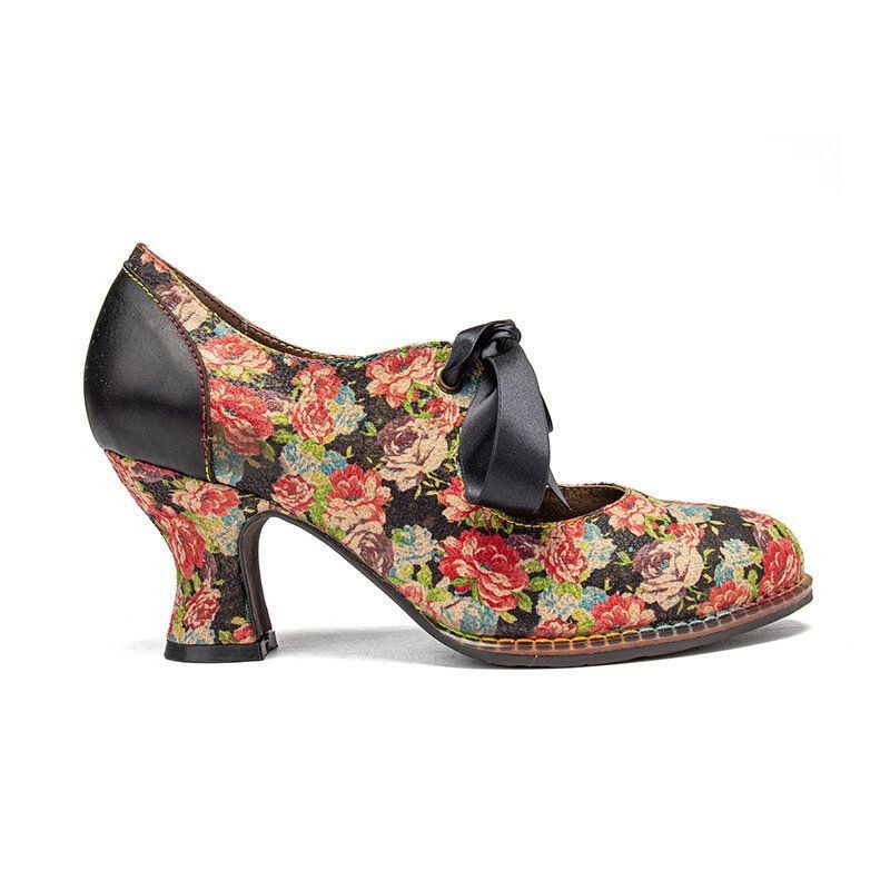 Dam Elegant Graciösa Små Blommor Tryckta Bekväma Bärbara Spetssömmar Chunky Heel Pumps