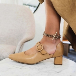 Dam Elegant Spetsad Tå Enfärgad Ankel Spänne Rem Slip On Chunky Heel Pumps