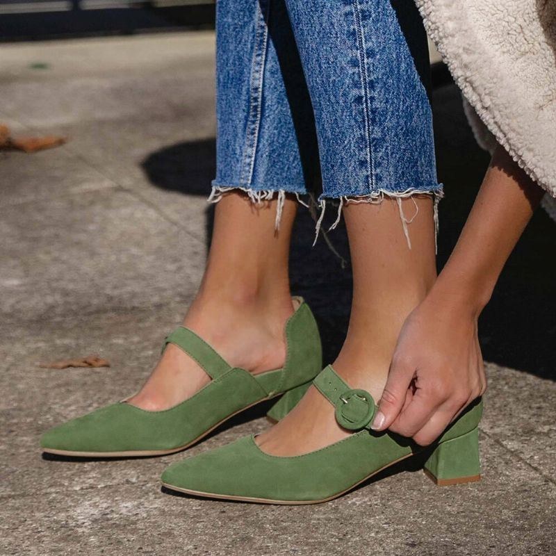 Dam Elegant Spetsad Tå Enfärgad Ankel Spänne Rem Slip On Chunky Heel Pumps