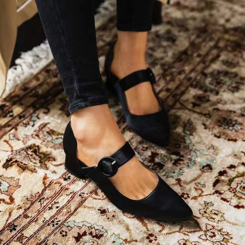 Dam Elegant Spetsad Tå Enfärgad Ankel Spänne Rem Slip On Chunky Heel Pumps