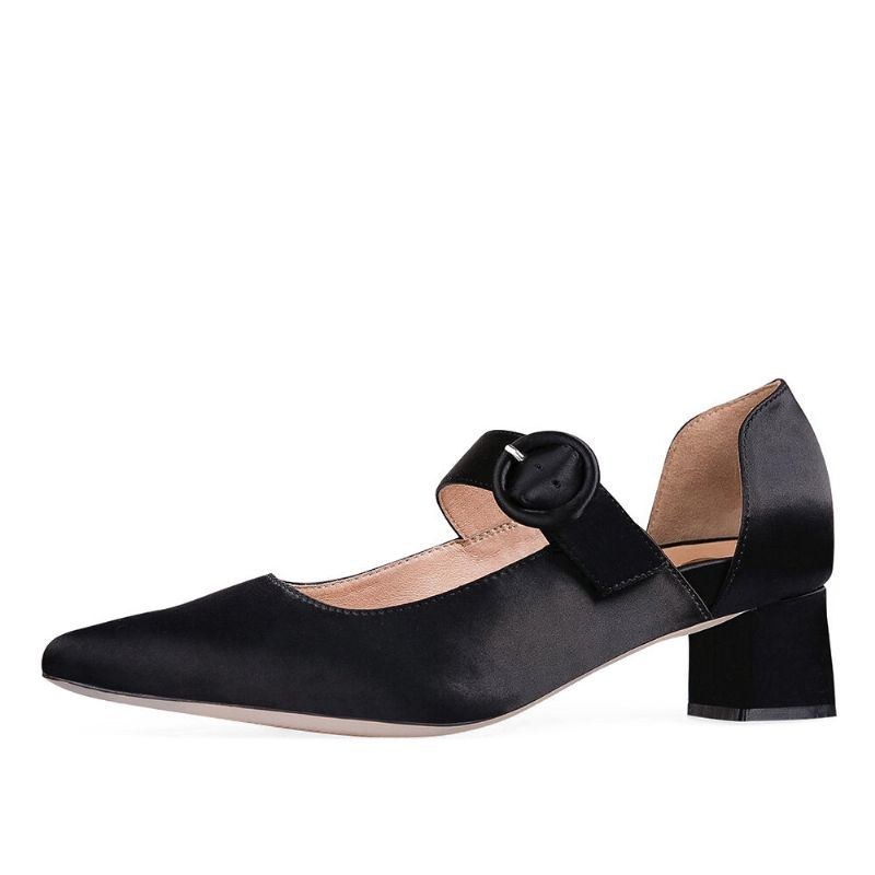 Dam Elegant Spetsad Tå Enfärgad Ankel Spänne Rem Slip On Chunky Heel Pumps