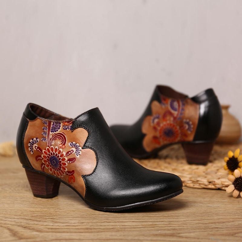 Dam Handmålade Blommor Stitching Läder Zipper Pumps