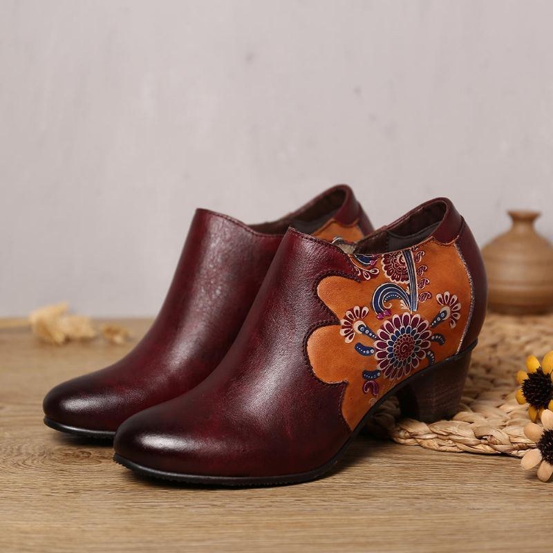 Dam Handmålade Blommor Stitching Läder Zipper Pumps