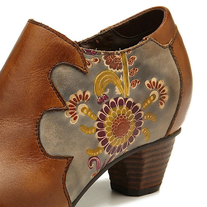 Dam Handmålade Blommor Stitching Läder Zipper Pumps