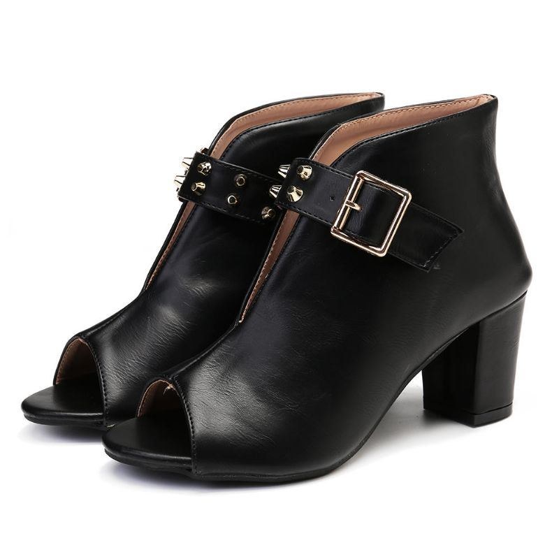 Dam Nit Peep Toe Spänne Högklackat Chunky Heel Pumps