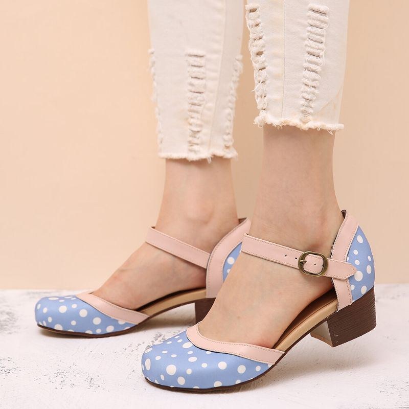 Dam Polka Dot Rund Tå Ankelrem Block Häl Casual Comfy Heels Pumps