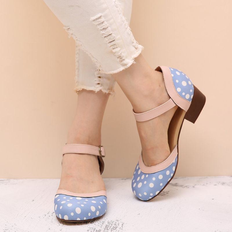 Dam Polka Dot Rund Tå Ankelrem Block Häl Casual Comfy Heels Pumps